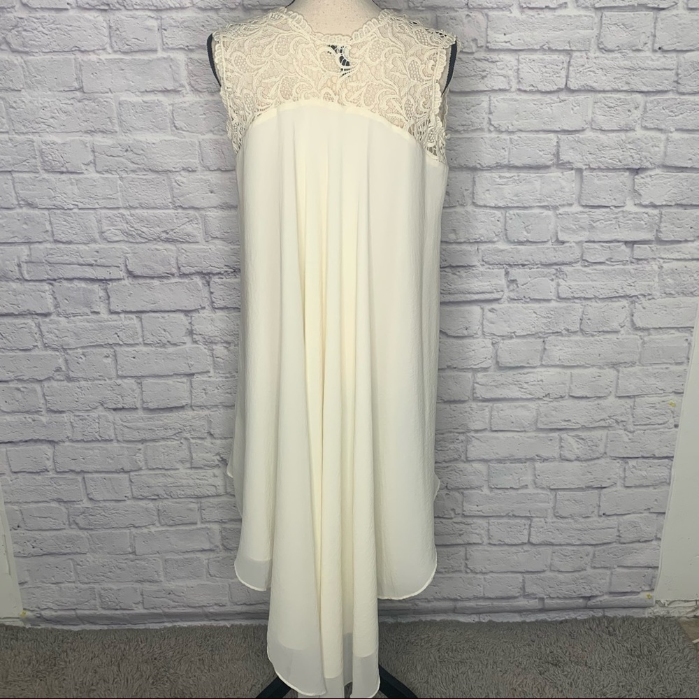 Marciano Ivory Textured Satin Lace Sleeve High Low Shift Dress - Picture 7 of 16
